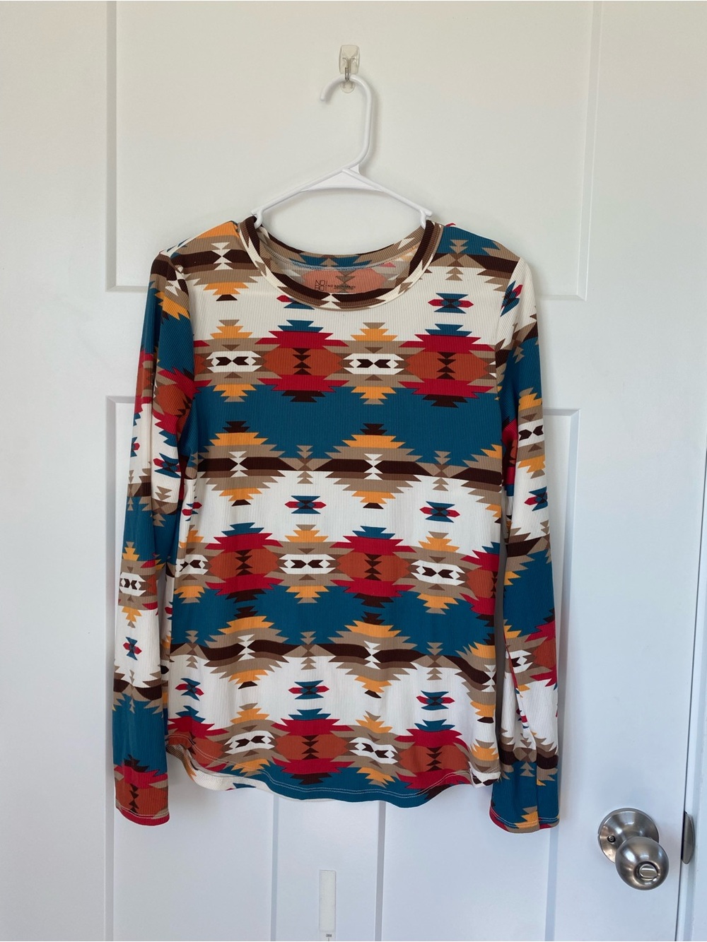 No Boundaries Long Sleeve Aztec Print Top in Teal, Red, Brown
